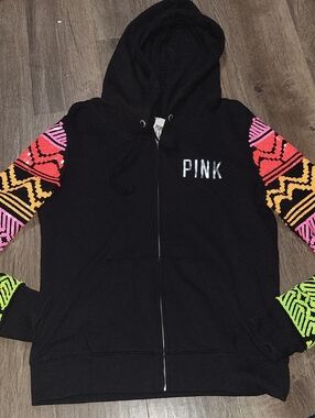 PINK Black Zip Hoodie with Neon Tribal Sleeves Sz Med